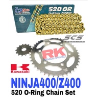 RK Sprocket Set Kawasaki Ninja Z400 Z300 CZ 520 KL02 O-Ring Gold Chain Rantai Ninja400 RING Ninja300