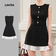 Casual Plain Fabric Stitching Colorblock Button Spring/Summer Black Dress for Women L135A2D168