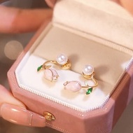 916 Gold Womens Pink Tulip Pearl Earrings High-end Pearl Earrings Female Ear Jewelry
