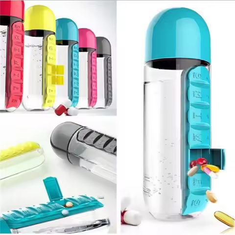 Portable Water Bottle with Built-in Pill Box for Medicines, Vitamins, Perfect for Outdoor, Gym, Fitn