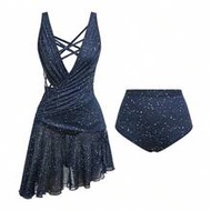 Menodora SHEIN Sport Women's Professional Latin Dance Costume V-Neck Sleevelessss Backless Dress Wit