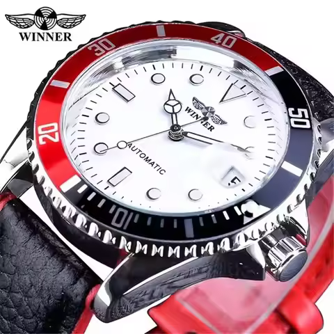 WINNER 002 Men's Mechanical Watch Fashion Luxury Style Automatic Date Black Leather Strap Wristwatch