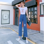 💥YH#F3609💥มีไซส์ S-2XL💥กางเกงยีนส์ ขายาว เอวสูง ปลายรุ่ย ทรงกระบอกใหญ่ แต่งขาดๆด้านหน้า เก๋ๆสุดชิค