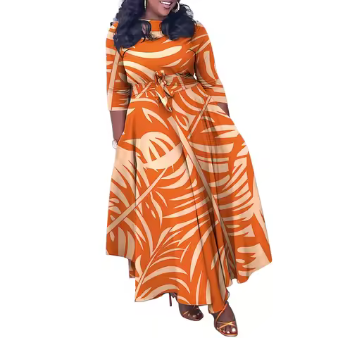 2024 African Dresses for Women Plus Size Polyester Africa 3/4 Sleeve Dashiki Abaya Print Maxi Dress 