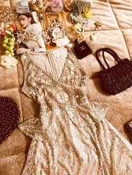 專櫃品牌ANNA SUI 皇室蠶絲網紗寶石亮片重工絕版極美洋裝