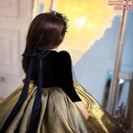 YA原創新款兒童公主裙金色紗裙黑金高端簡約風洋裝女孩花童禮服