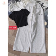SET OF LONG SLIM FISH LEATHER WIDE-LET PANTS + MIX simple SLIM CROPTOP T-SHIRT-SHOPTHUBIO98