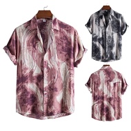 Men's Tie-dye Loose Casual Short Sleeve Shirt Button Up Ink Printed Polo Shirt Plus Size Black Grey\ Red Pink