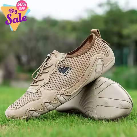 LDECK Summer Men Sneakers Casual Shoes New Mesh Breathable Solid Color Driving Shoes for Men Flat El