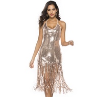 Sexy Halter Plunge Backless Bodycon Sequin Midi Dress Roaring 20s 1920s Flapper Dress Great Gatsby P