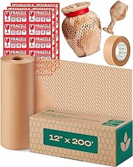eco4plan Honeycomb Packing Paper | Extra Thick 90 GSM Packing Wrap | Biodegradable Packing Materials: 12” x 200’ Moving Paper + 195’ Cellulose Adhesive Tape + 30 Fragile Stickers | Gift Wrapping Paper