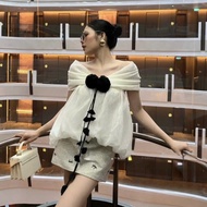 Off-the-shoulder silk blouse set with flowers, A-line skirt with embroidered bow, very pretty lady's