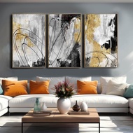 Gold Line Abstract Wall Art Set of 3 | Black & White Canvas Paintings 24x36 Inch | Modern metal Fram