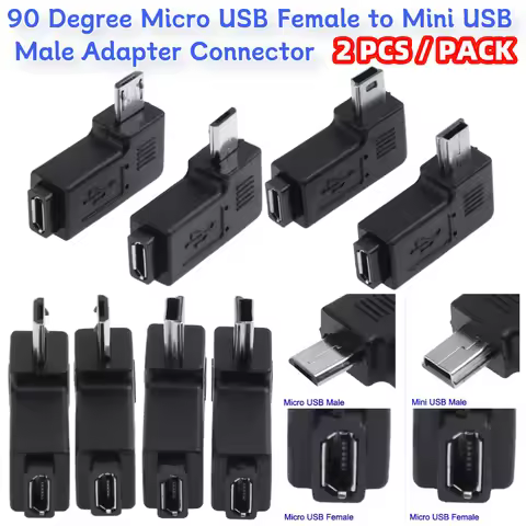 2pcs Micro USB 90 Degree Adapter USB Female to USB Male Adapter Connector 90 Degree Left+Right Angle