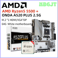 NBGJT New AMD R5 5500 CPU +ONDA A520-PLUS 2.5G Socket AM4 white Motherboard DDR4 64GB PCI-E 3.0 M.2 Desktop Mainboard Overlocking JFGND