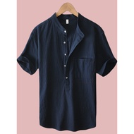 2026 New Style Summer Henry Collar Linen Short Sleeve Shirt Men Cotton Linen Casual Stand Collar Shi