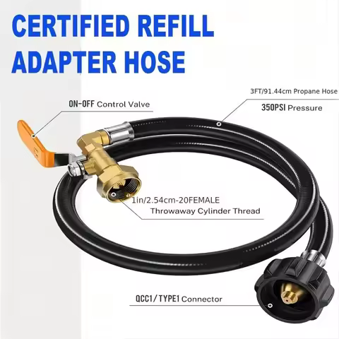 Propane Refill Adapter 3ft Hose With Safety Shutoff Valve,Easily Fill 1lb Bottles From 20lb,Propane 