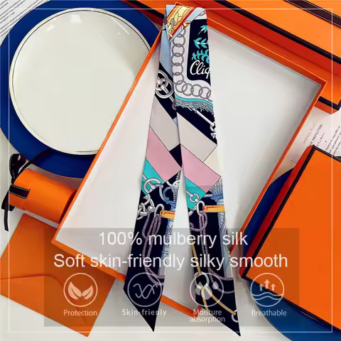 2025 Brand Design Chains Women Mulberry Silk Scarf Luxury Scarf Fashion Hair Headband Foulard Skinny