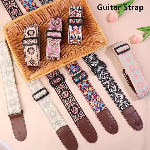 NEW Guitar Strap Bass Cotton Leather Embroidery Straps Adjustable Neck Strap Electric Acoustic Guita
