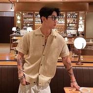 เสื้อโปโลแขนสั้นถักสไตล์อเมริกันเรโทรสำหรับผู้ชาย เสื้อคลุมสไตล์ Old Money ทอมือระดับไฮเอนด์สำหรับฤด