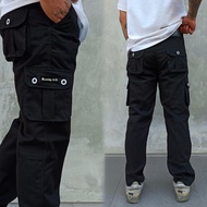 Meaning Circle Men's Long Cargo Pants Regular Loose Fit Thick Twill Material Non-Stretch Black