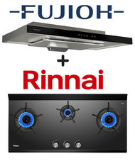 FUJIOH FR-MS1990R 90CM SLIMLINE HOOD + RINNAI RB-3CGN 3 BURNER INNER FLAME GLASS GAS HOB