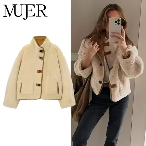 MUJER Women's Teddy Jacket Double Faced Hairy Coat Woman Faux Suede Plush Jacket Women Outerwears Lo