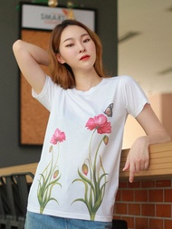 iCONiC TWICE T-SHIRT #5712 เสื้อยืด พิมพ์ลาย ดอกไม้ คู๋ สีชมพู ผีเสื้อ เสื้อผญ เสื้อยืดผญ เสื้อยืดแฟ