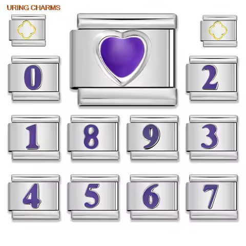 Classic Purple Number 0/1/2/3/4/5/6/7/8/9 Italian Charm Link Fit 9mm Stainless Steel DIY Making Brac