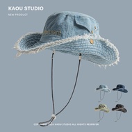 Rough edge retro denim bucket hat women's fashion spring and summer big eaves sunscreen sun hat trav