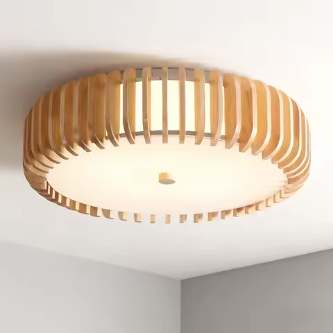 Japanese Wood Ceiling Lamp E27 Base Circular Ceiling Light Fixture Living Room Restaurant Bedroom Ki
