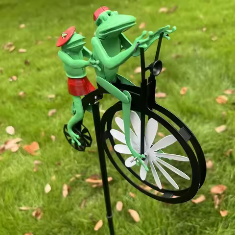 Metal Bicycle Wind Spinner Garden Statue Windmill Standing Vintage Frog Sculpture Animal Bike Decora