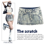 C1 - Chân Váy Jean 2 Vết Xước Dọc Màu Wash Loang Xanh Bạc Váy Ngắn Cạp Thấp Street Style Năng Động C