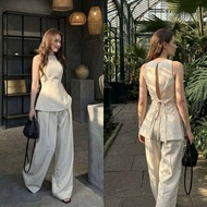 Set linen long shirt with bow tie at the back combined with loose pants HT814. with real product pic