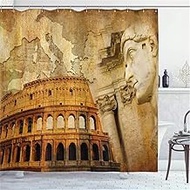 MEKPAM Retro Shower Curtain Roman Empire Concept Famous Columns Colosseum Map Of The Nation Print Cloth Fabric Bathroom Decor Set With Hooks 180X180cm