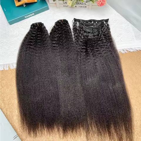 Kinky Straight Clip Ins Extensions Human Hair #1B Natural Black Color 100grams/Set 7pcs Seamless PU 