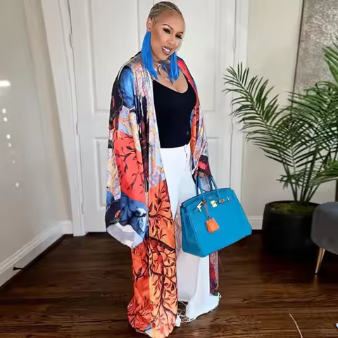 Streetwear Long Sleeve Duster Coat for Women Clothing Y2K Print Satin Trench Coats Bat Sleeve Vintag