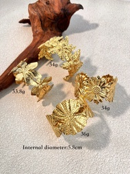 1pc Stainless Steel Bohemian Style Leaf & 5-Petal Flower Element Sunflower Open Bangle Bracelet, Non