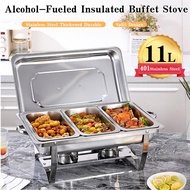 11L Stainless Steel Buffet Tray Set with Foldable Alcohol Stove, 3 Compartments, Food Warmer for Cat