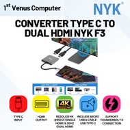 CONVERTER Adapter NYK F3 USB TYPE-C TO 2 Dual HDMI / Converter 2 HDMI in 1 USB 3.0 Type C to HDMI 4K