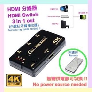 帶遙控新款 New Model 無需供電無需遙控接收線 No Power Source &amp; No IR receiver cable needed, with Remote Control 一鍵切換 3入1出 4K / 1080p HDMI HUB 分線器切換器 Switcher 3x1 3 in 1 out Video One Button Switch Adapter Selector to TV電視 Projector 投影機顯示器 Monitor 1輸入連3 HDMI #coolgadgets