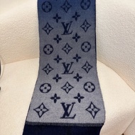 LV路易威登Reykjavik藍灰色雙面老花流蘇羊絨圍巾披肩，