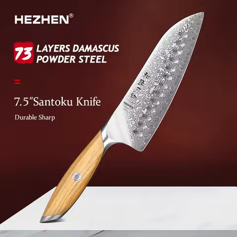 HEZHEN 7 Inch Santoku Knife 73 layers Powdered Steel Core Damascus Steel Durable Sharp Cutlery Kitch