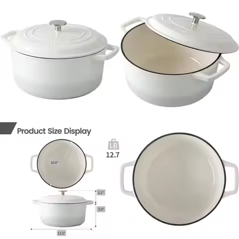 6-Quart White Enamel Cast Iron Dutch Oven Pot with Lid and Dual Handles