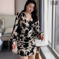 [READY STOCK] L-4XL Plus Size Women's V-neck Cow Print Pleated Sexy Slim Show Thin Casual Hug Hip Sh