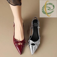 Ai3 Ready Stock Low Heel Slip-ons Women Stiletto Bow Pointed Toe Pumps
