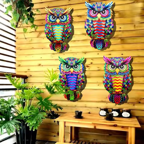 Metal Art Owl Wall Decor Colorful Iron Art Owl Sculpture 4 Colors Owls Hanging Ornament Pendant for 