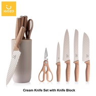 iGOZO Cream Kitchen Knife Set with Knife Block (6 Pieces Knife Set)