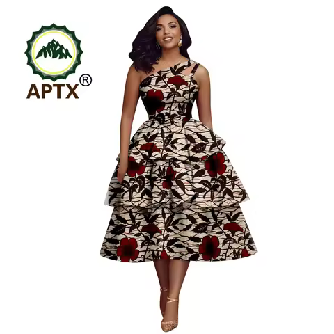 African Dress for Women Ankara Print Skew Collar Sleeveless Mid-Calf Cascading Dress Dashiki Elegant