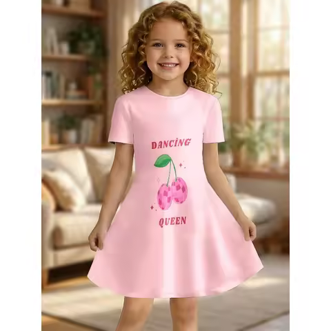 2026 Cute Girls Summer T-Shirt Dress Cherry Smile Face Number Print Short Sleeve O-Neck A-Line Kids 